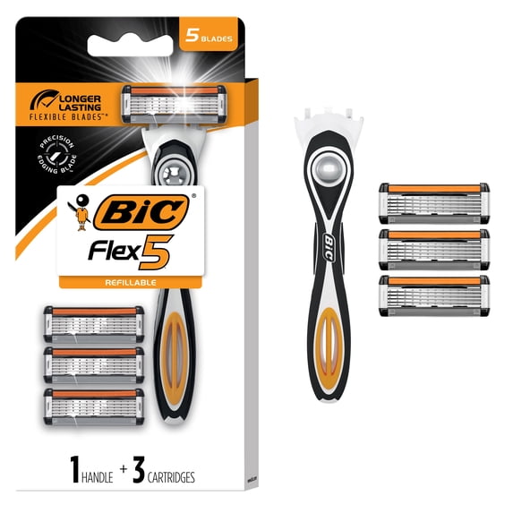 Refillable Men’s 5-Blade Razors with 1 Handle, 3 Cartridges, Dorm Essentials
