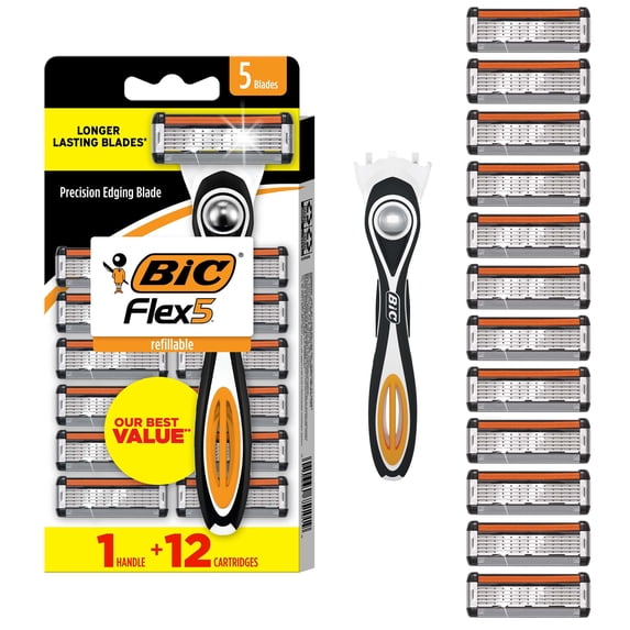 Men's Refillable Razors, 5-Blades, 1 Handle, 12 Cartridges