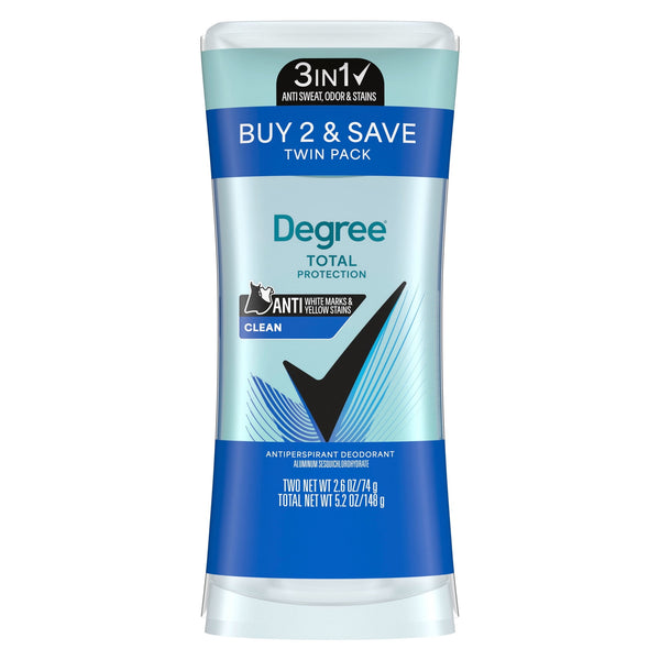 3in1 Total Protection Antiperspirant Deodorant for Women Anti Sweat, Odor and Stains, Clean 72-Hour Sweat & Odor Protection, 2.6 oz Twin Pack