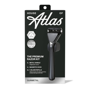 the premium razor kit (GUNMETAL) 1x metal handle, 1x magnetic hook, 2x 5-blade refills