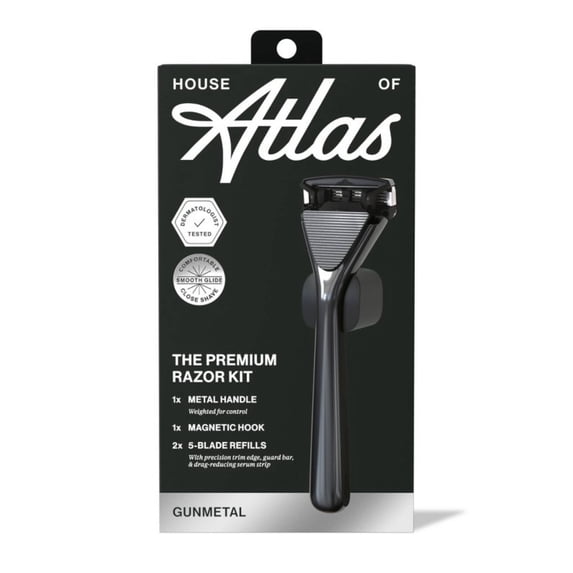 the premium razor kit (GUNMETAL) 1x metal handle, 1x magnetic hook, 2x 5-blade refills
