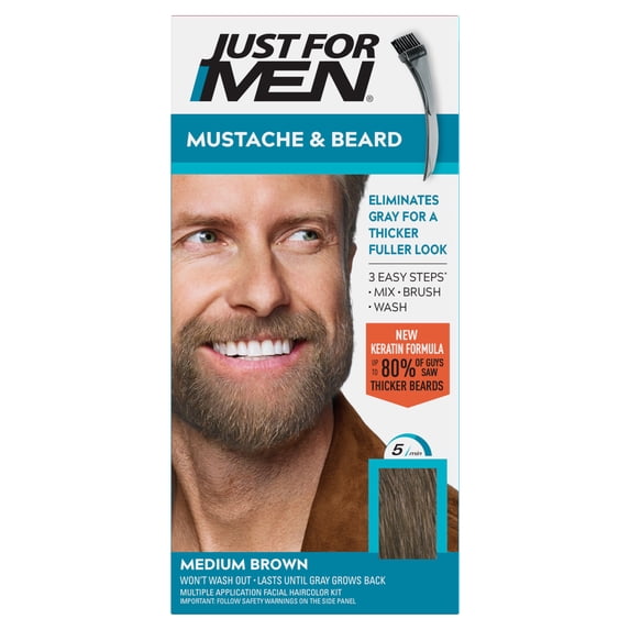 Mustache & Beard, Beard Dye for Men with Brush Included for Easy Application, With Keratin Biotin Aloe and Coconut Oil for Healthy Facial Hair - Medium Brown, M-35 Pack of 1
