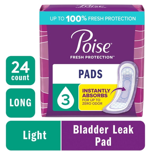 Incontinence Pads for Women, 3 Drop Light Absorbency, Long Length, 24 Count