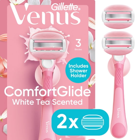 ComfortGlide White Tea Manual Razor for Women, Handle, 3 Blades & 2 Refills, Pink