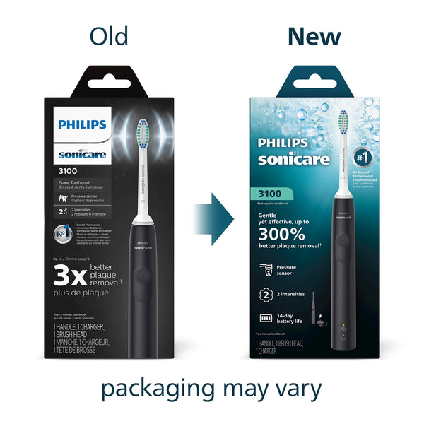 3100 Series Electric Toothbrush - Sonic Toothbrush with Advanced Sonic Technology, Pressure Sensor, Two Intensity Settings, Smartimer & Quadpacer, Black, Model HX3681/04